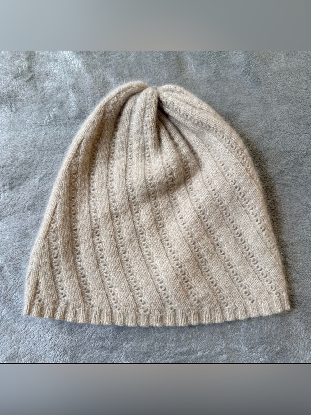 Garnet Hill Cashmere Beanie Hat Oatmeal Beige Ribbed Knit One Size